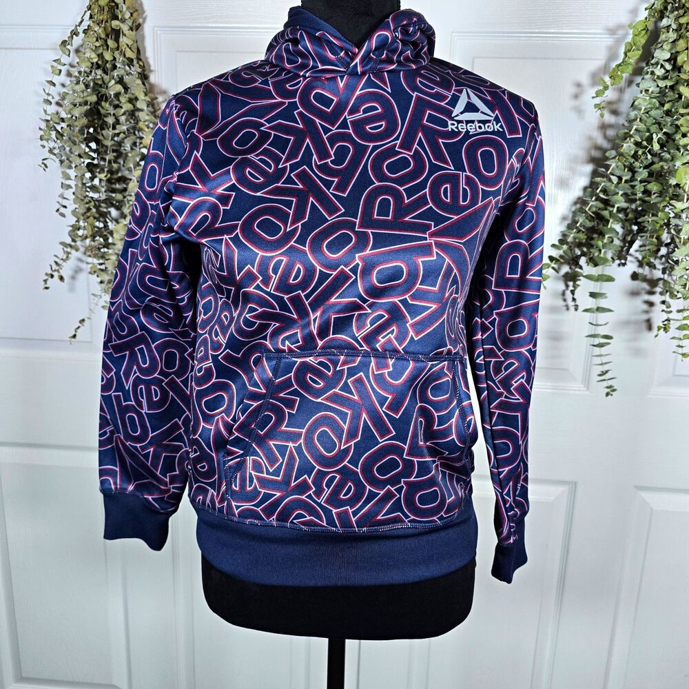 Reebok Youth Navy Red Allover Logo Fleece Pullover Hoodie w/ Pockets L